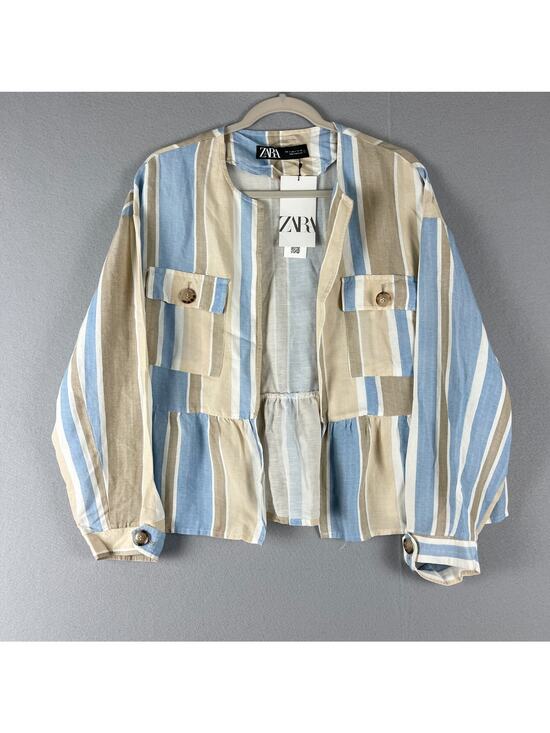 Zara Jackets & Blazers - Zara Jacket Womens Large Striped Blue Linen BlendOpen Front Peplum Coastal NWT
